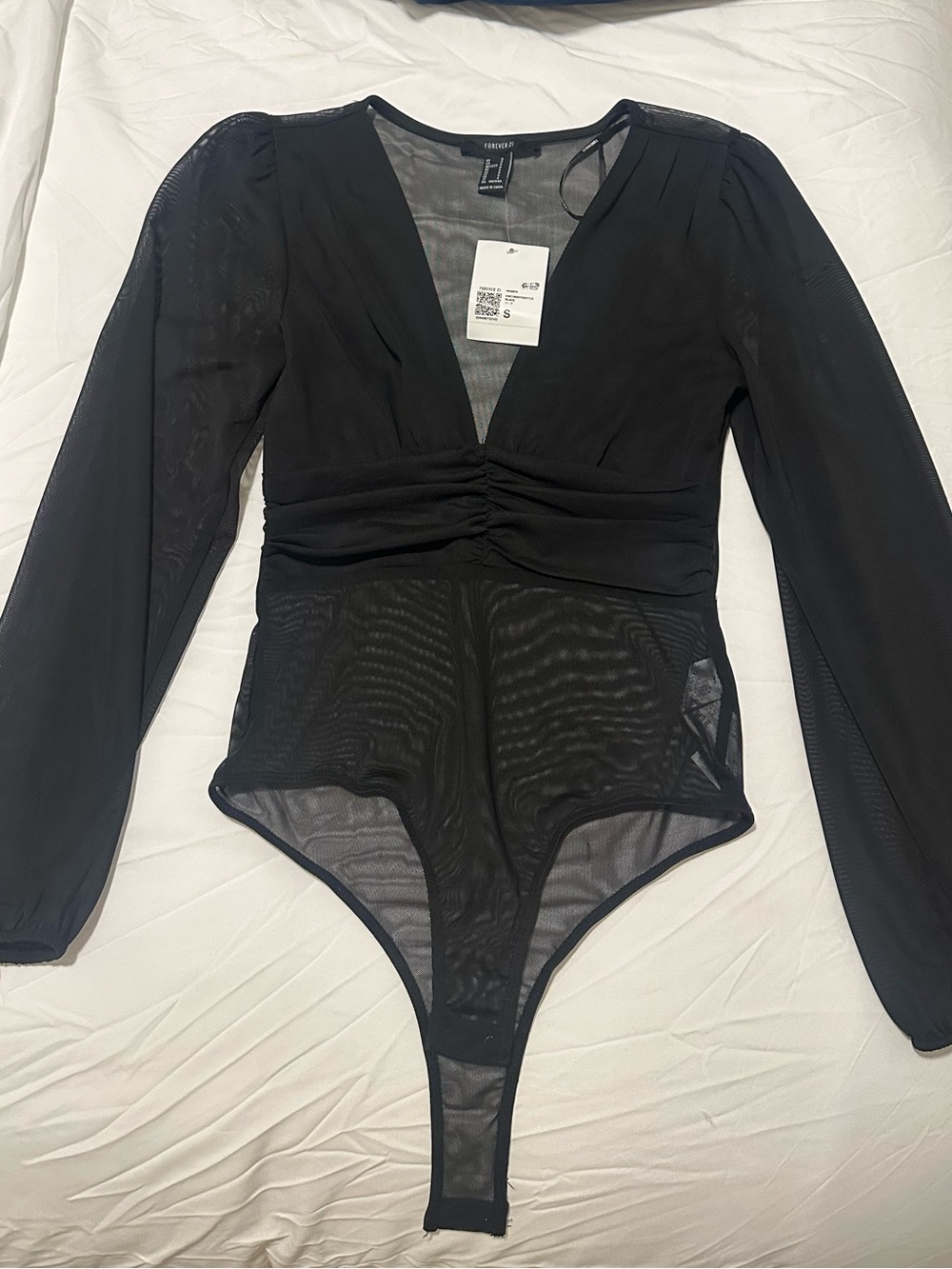 NWT Forever 21 Black Sheer Long-Sleeve V-Neck Bodysuit